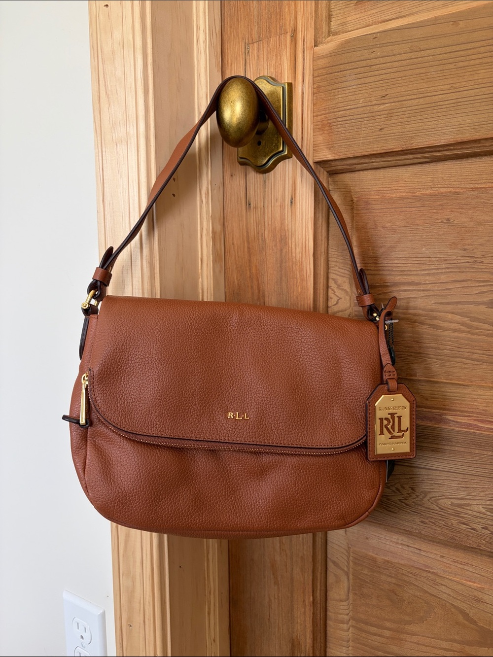 Ralph Lauren Cognac Pebbled Leather Shoulder Bag with Gold Hardware